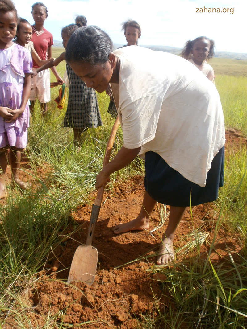 woman planting a tree in a rural village in Madagascar zahana.org
